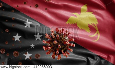 3D, Flu Coronavirus Floating Over Papuan Flag. Papua New Guinea Covid 19