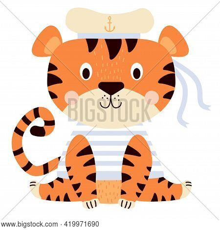 Cute Tiger. A Funny Character In Sea Clothes - A Striped Vest And A Hat With An Anchor With Ribbons.