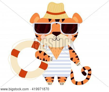 Cute Tiger. Beach Guy - Funny Striped Character On The Beach In Sunglasses, A Hat, A Swimsuit And A 