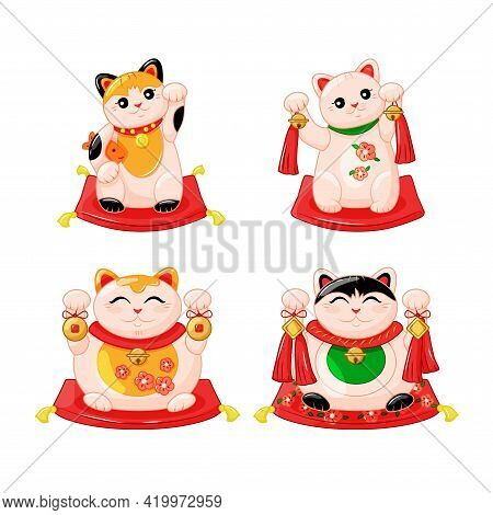 Japanese Collection Of Maneki Neko Cats In The Kartun Style. Traditional White Happy Cat Doll With F