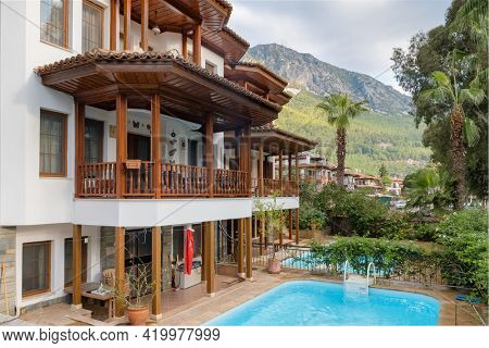 Akyaka, Turkey - November 20, 2020: Architecture of the houses in Akyaka slow city in Turkey