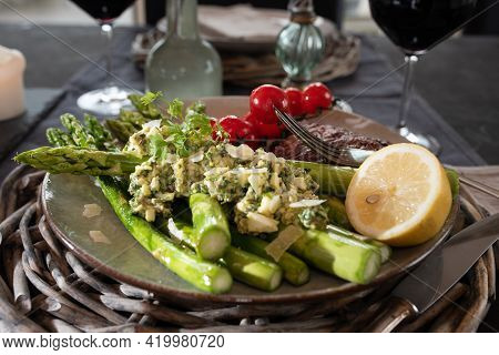 Fried Green Asparagus With Gribiche Sauce. Healthy And Tasty Food. Lifestyle Background For Gastrono