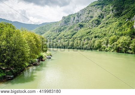 Panorama Of The River Drina Near The Town Of Visegrad In Bosnia And Herzegovina.