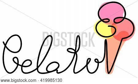 Gelato Word With Ice Cream Doodle Hand Writing Continuous Colorful