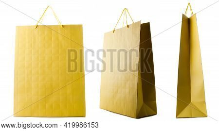 Yellow Paper Bag Isolated On White Background. Side, Front, Three-quarter View.