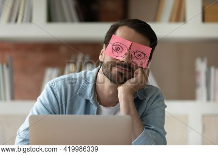 Close Up Tired Businessman With Stickers On Eyes Sleeping