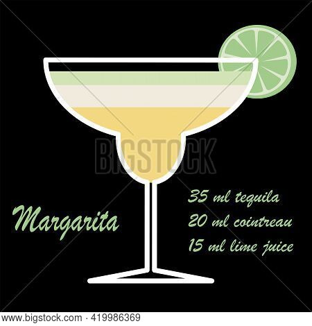 Vector Illustration Margarita Cocktail With Recipe. Colorful