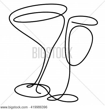 Vector Set Of Hand Drawn Wine And Martini Glasses On White Background. Doodle. Black Oneline.