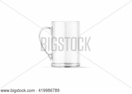 Blank Glass Narrow 11oz Mug With Handle Mockup, Front View, 3d Rendering. Empty Crystal Coffeemug Mo