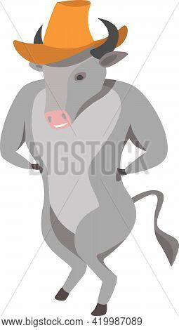 Grey Bull In Cowboy's Hat Is Standing