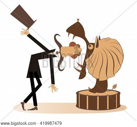 Circus, Deadly Trick, Tamer And Lion Illustration.
Long Mustache Tamer With A Top Hat Is Getting His