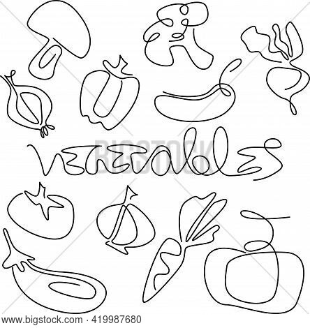 Set Of Drawing Vegetables One Line Black Continuous