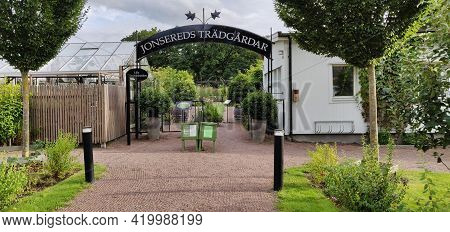 Jonsered, Sweden - September 4 2020: Jonsered Tradgard Garden Gate Entrance