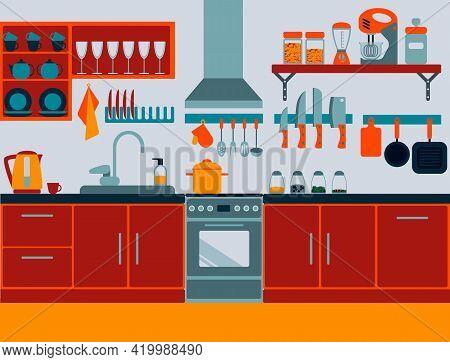 Colorful Kitchen Flat Style With Lot Of Details Red Orange Blue
