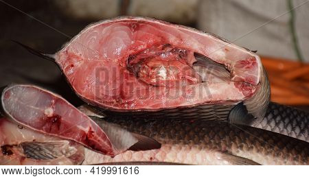 A Steak Of Raw Fish Or Sliced Fish At A Shop In Bengal, India