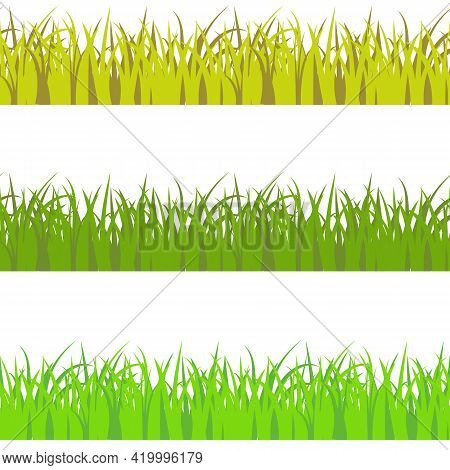 Vector Set Of 3 Vary Colors Seamless Pattern Grass. Light Green, Dark Green, And Yellow Savan Style 
