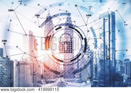 Black Keylock Hologram On A Background With Bright City View, Data Safety And Security Concept, Doub