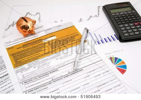 Polish Income Tax Pit-37 Form With Calculator And Piggybank