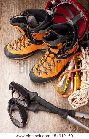 Hiking boots with trekking poles