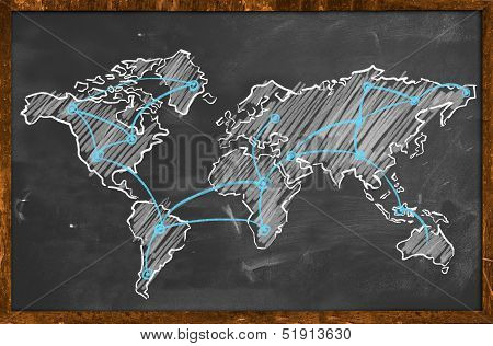 World map networking blue chalk