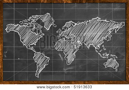World map chalk drawing blackboard