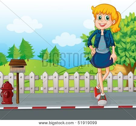 Illustration of a tall young woman at the street standing near the mailbox