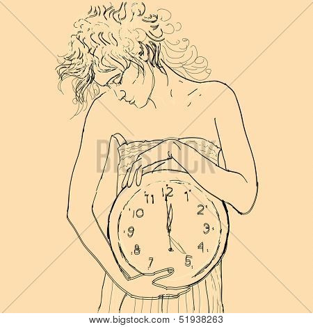 Scrawny girl with big clock in hands. Vector illustration.