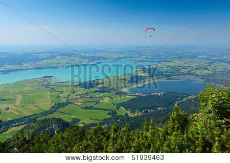 Birdseye view of green valley with lakes. Germany