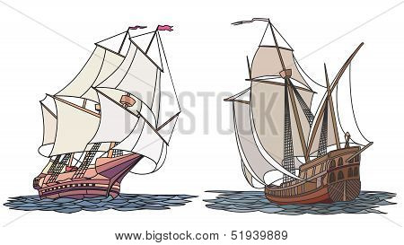 Vector Set Of Color Ship With Sails For Icons.