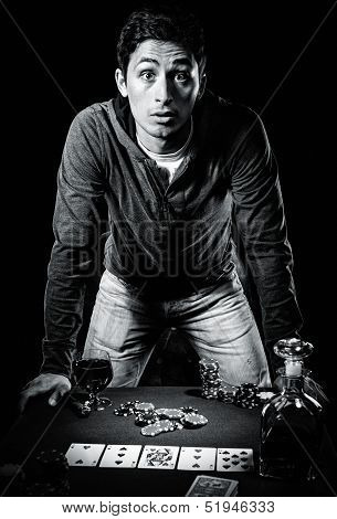 Young Gambler Indoors, Black And White Photo