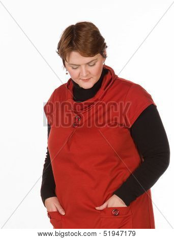 Caucasian woman in orange and blue