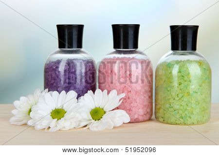 Aromatherapy minerals - colorful bath salt on light background
