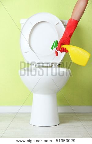 Woman hand with spray bottle cleaning a toilet bowl in a bathroom