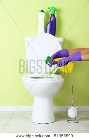 Woman hand with spray bottle cleaning a toilet bowl in a bathroom