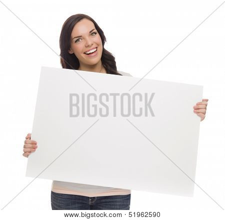 Beautiful Mixed Race Female Holding Blank Sign Isolated on a White Background.  