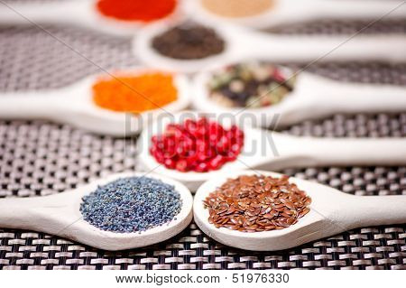 Collection Set Of Spiceswith Beans, Legumes, Peas, Lentils, Popp