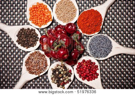 Colorful Mix Of Spices With Poppy Seeds, Pepper Corn, Black Pepp