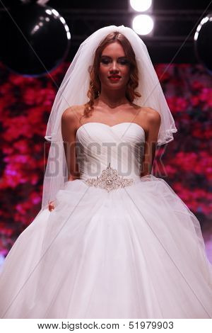 ZAGREB, CROATIA - OCTOBER 04: Fashion model wears dress made by Kontesa Nera on 'Wedding days' show, October 04, 2013 in Zagreb, Croatia.