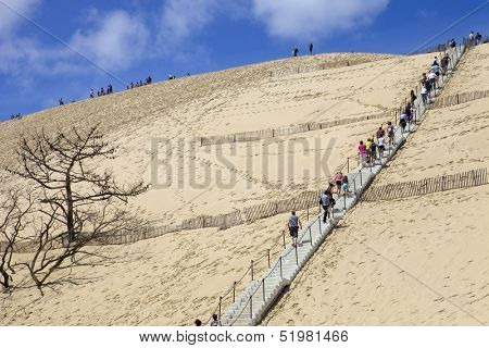 PYLA SUR MER, FRANCE - AUGUST 8: People visiting the Famous dune of Pyla, the highest sand dune in Europe, on August 8, 2012 in Pyla Sur Mer, France.