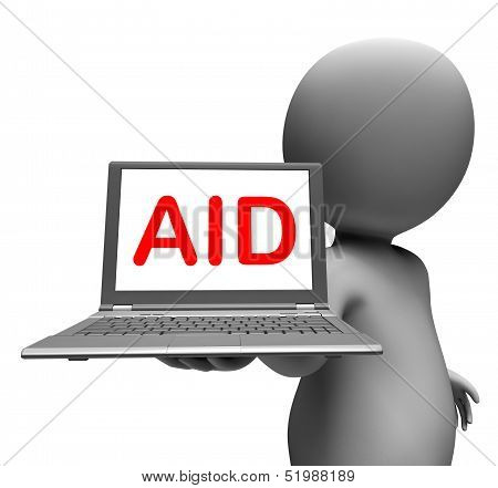 Aid Character Laptop Shows Assistance Aiding Helping Or Relief