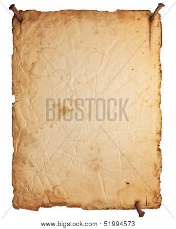 Empty old paper with rusty nails isolated on white background