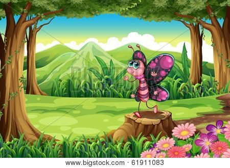 Illustration of a colorful butterfly standing above the stump at the forest