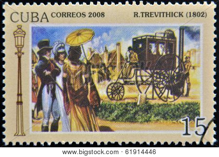 CUBA - CIRCA 2008: A stamp printed in Cuba shows Trevithick 1802 vintage cars circa 2008