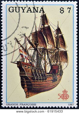 GUYANA - CIRCA 1987: A stamp printed in Guyana shows ancient marine ship Grant French circa 1987