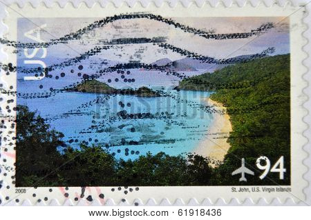 A stamp printed in USA shows image of The Virgin Islands are the western island group of the Leeward