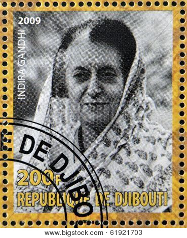 DJIBOUTY - CIRCA 2009: A stamp printed in Djibouty shows Indira Gandhi circa 2009
