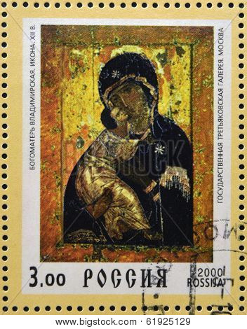 RUSSIA - 2000: Stamp printed in Russia shows Our Lady Vladimirskaya icon