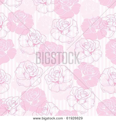 Seamless retro vector floral pattern with elegant pink roses on pink and white stripes background
