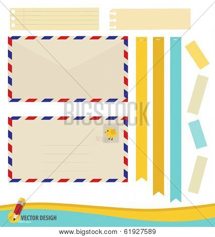 Collection of various papers, ready for your message. Vector illustration set: envelope, stamp, tape, ribbon and blank paper designs.
