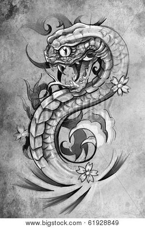 tattoo illustration, handmade draw over vintage paper